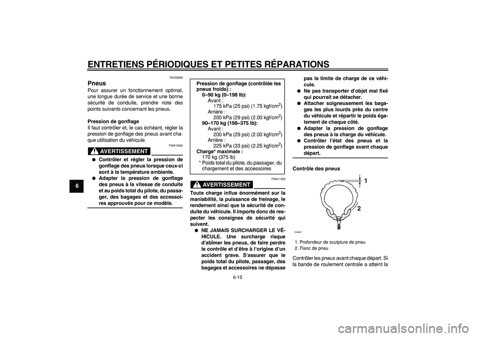 YAMAHA CYGNUS 125 2006  Notices Demploi (in French)  
ENTRETIENS PÉRIODIQUES ET PETITES RÉPARATIONS 
6-15 
1
2
3
4
5
6
7
8
9
 
FAU33600 
Pneus  
Pour assurer un fonctionnement optimal,
une longue durée de service et une bonne
sécurité de conduite,
