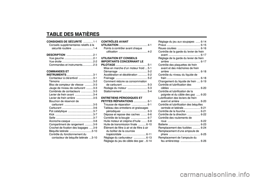 YAMAHA CYGNUS 125 2006  Notices Demploi (in French)  
TABLE DES MATIÈRES 
CONSIGNES DE SÉCURITÉ 
 .............1-1
Conseils supplémentaires relatifs à la 
sécurité routière  ...........................1-4 
DESCRIPTION 
 ........................