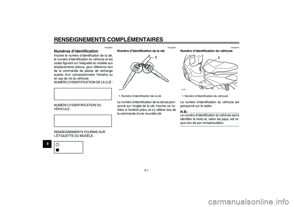 YAMAHA CYGNUS 125 2006 Notices Demploi (in French)
9-1
1
2
3
4
5
6
7
8
9
RENSEIGNEMENTS COMPLÉMENTAIRES
FAU26351
Numéros d’identification
Inscrire le numéro d’identification de la clé,
le numéro d’identification du véhicule et les YAMAHA CYGNUS 125 2006 Notices Demploi (in French)
9-1
1
2
3
4
5
6
7
8
9
RENSEIGNEMENTS COMPLÉMENTAIRES
FAU26351
Numéros d’identification
Inscrire le numéro d’identification de la clé,
le numéro d’identification du véhicule et les