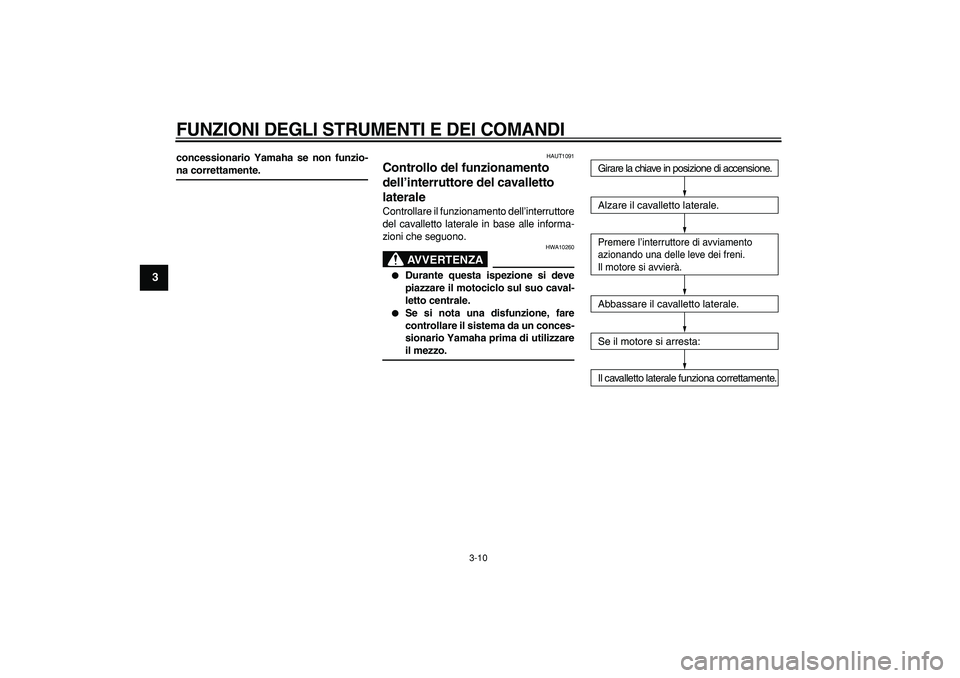 YAMAHA CYGNUS 125 2006  Manuale duso (in Italian)  
FUNZIONI DEGLI STRUMENTI E DEI COMANDI
 
3-10 
1
2
3
4
5
6
7
8
9
 
concessionario Yamaha se non funzio- 
na correttamente. 
HAUT1091 
Controllo del funzionamento 
dell’interruttore del cavalletto 