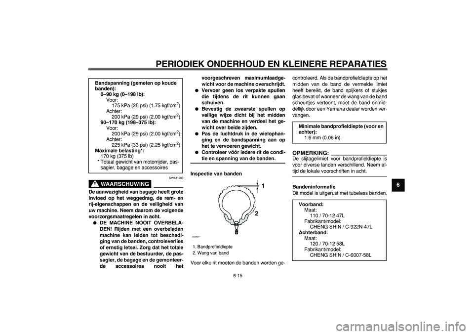 YAMAHA CYGNUS 125 2006  Instructieboekje (in Dutch)  
PERIODIEK ONDERHOUD EN KLEINERE REPARATIES 
6-15 
2
3
4
5
67
8
9
WAARSCHUWING
 
DWA11200 
De aanwezigheid van bagage heeft grote
invloed op het weggedrag, de rem- en
rij-eigenschappen en de veilighe
