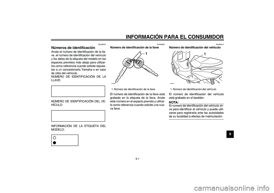 YAMAHA CYGNUS 125 2005 Manuale de Empleo (in Spanish)
9-1
2
3
4
5
6
7
8
9
INFORMACIÓN PARA EL CONSUMIDOR
SAU26351
Números de identificación
Anote el número de identificación de la lla-
ve, el número de identificación del vehículo
y los d YAMAHA CYGNUS 125 2005 Manuale de Empleo (in Spanish)
9-1
2
3
4
5
6
7
8
9
INFORMACIÓN PARA EL CONSUMIDOR
SAU26351
Números de identificación
Anote el número de identificación de la lla-
ve, el número de identificación del vehículo
y los d