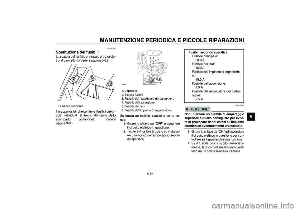 YAMAHA CYGNUS 125 2005 Manuale duso (in Italian)
MANUTENZIONE PERIODICA E PICCOLE RIPARAZIONI
6-24
2
3
4
5
67
8
9
HAUT1431
Sostituzione dei fusibili
La scatola del fusibile principale si trova die-
tro al pannello B.(Vedere pagina 6-6.)
Il YAMAHA CYGNUS 125 2005 Manuale duso (in Italian)
MANUTENZIONE PERIODICA E PICCOLE RIPARAZIONI
6-24
2
3
4
5
67
8
9
HAUT1431
Sostituzione dei fusibili
La scatola del fusibile principale si trova die-
tro al pannello B.(Vedere pagina 6-6.)
Il