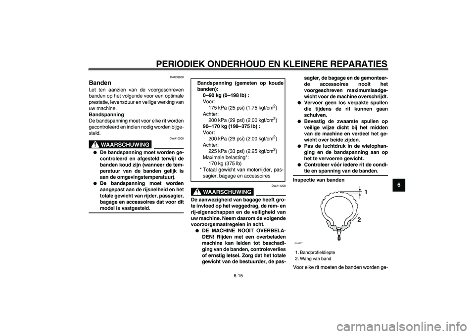 YAMAHA CYGNUS 125 2005  Instructieboekje (in Dutch)  
PERIODIEK ONDERHOUD EN KLEINERE REPARATIES 
6-15 
2
3
4
5
67
8
9
 
DAU33600 
Banden  
Let ten aanzien van de voorgeschreven
banden op het volgende voor een optimale
prestatie, levensduur en veilige 