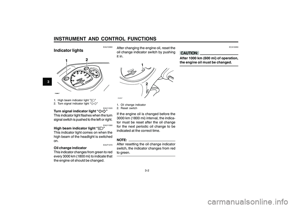 YAMAHA CYGNUS 125 2000  Owners Manual 3-2
1
2
3
4
5
6
7
8
9
INSTRUMENT AND CONTROL FUNCTIONS
EAU10980
Indicator lightsZAUM00**
12
ZAUM00**
12
1. High beam indicator light ”&”
2. Turn signal indicator light “5”
EAU11020
Turn signal