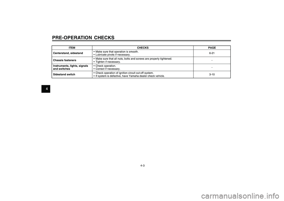 YAMAHA CYGNUS 125 2000 Owners Manual 4-3
1
2
3
4
5
6
7
8
9
PRE-OPERATION CHECKSCenterstand, sidestand Make sure that operation is smooth.
Lubricate pivots if necessary.6-21
Chassis fasteners Make sure that all nuts, bolts and screws YAMAHA CYGNUS 125 2000 Owners Manual 4-3
1
2
3
4
5
6
7
8
9
PRE-OPERATION CHECKSCenterstand, sidestand Make sure that operation is smooth.
Lubricate pivots if necessary.6-21
Chassis fasteners Make sure that all nuts, bolts and screws