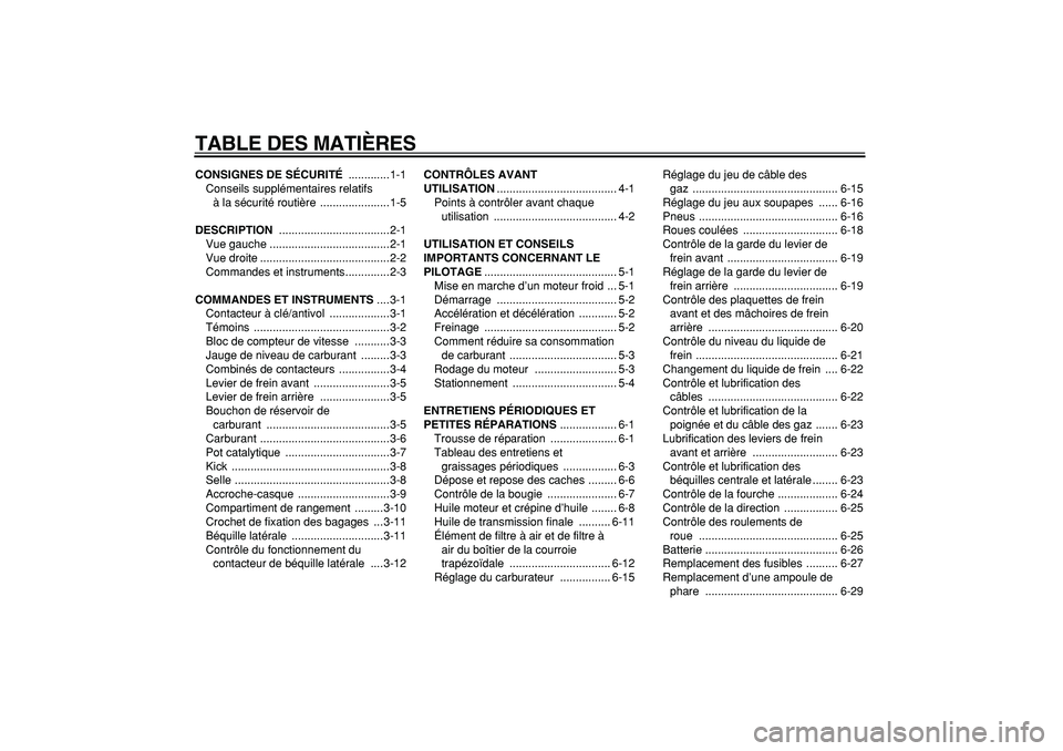 YAMAHA CYGNUS 125 2000  Notices Demploi (in French)  
TABLE DES MATIÈRES 
CONSIGNES DE SÉCURITÉ 
 .............1-1
Conseils supplémentaires relatifs 
à la sécurité routière  ......................1-5 
DESCRIPTION 
 .............................