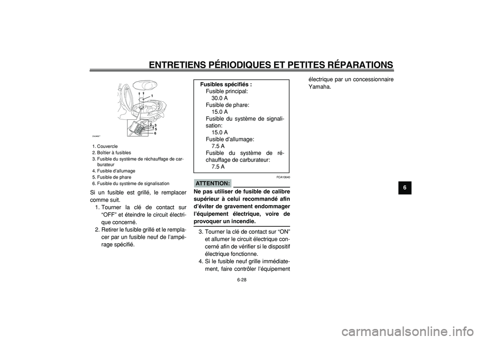 YAMAHA CYGNUS 125 2000  Notices Demploi (in French)  
ENTRETIENS PÉRIODIQUES ET PETITES RÉPARATIONS 
6-28 
2
3
4
5
67
8
9  
Si un fusible est grillé, le remplacer
comme suit.
1. Tourner la clé de contact sur
“OFF” et éteindre le circuit élect