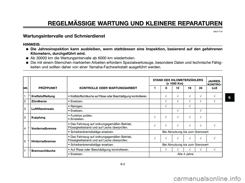YAMAHA DT125R 2006  Betriebsanleitungen (in German) GAU17710
Wartungsintervalle und Schmierdienst
HINWEIS:
Die Jahresinspektion kann ausbleiben, wenn stattdessen eine Inspektion, basierend auf den gefahrenen
Kilometern, durchgeführt wird.
Ab 30000 k