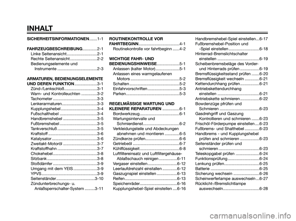 YAMAHA DT125R 2005  Betriebsanleitungen (in German) SICHERHEITSINFORMATIONEN.......1-1
FAHRZEUGBESCHREIBUNG.............2-1
Linke Seitenansicht...........................2-1
Rechte Seitenansicht ........................2-2
Bedienungselemente und 
Instr