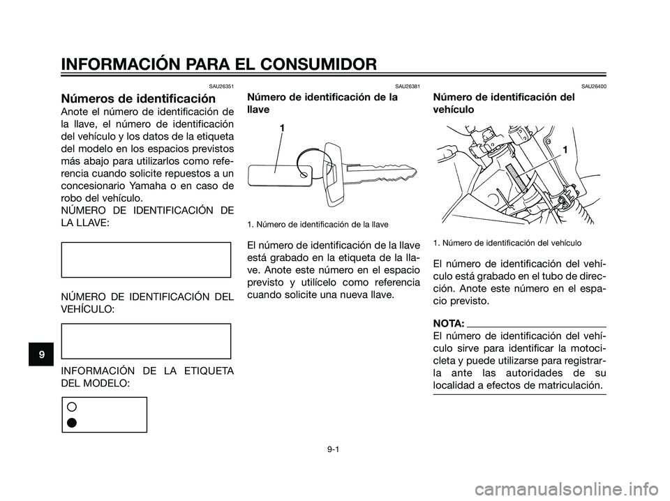 YAMAHA DT125R 2005 Manuale de Empleo (in Spanish) SAU26351
Números de identificación
Anote el número de identificación de
la llave, el número de identificación
del vehículo y los datos de la etiqueta
del modelo en los espacios previstos
más a YAMAHA DT125R 2005 Manuale de Empleo (in Spanish) SAU26351
Números de identificación
Anote el número de identificación de
la llave, el número de identificación
del vehículo y los datos de la etiqueta
del modelo en los espacios previstos
más a