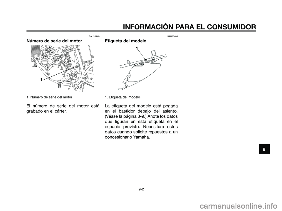 YAMAHA DT125R 2005 Manuale de Empleo (in Spanish) SAU26440
Número de serie del motor
1. Número de serie del motor
El número de serie del motor está
grabado en el cárter.
SAU26480
Etiqueta del modelo
1. Etiqueta del modelo
La etiqueta del modelo YAMAHA DT125R 2005 Manuale de Empleo (in Spanish) SAU26440
Número de serie del motor
1. Número de serie del motor
El número de serie del motor está
grabado en el cárter.
SAU26480
Etiqueta del modelo
1. Etiqueta del modelo
La etiqueta del modelo