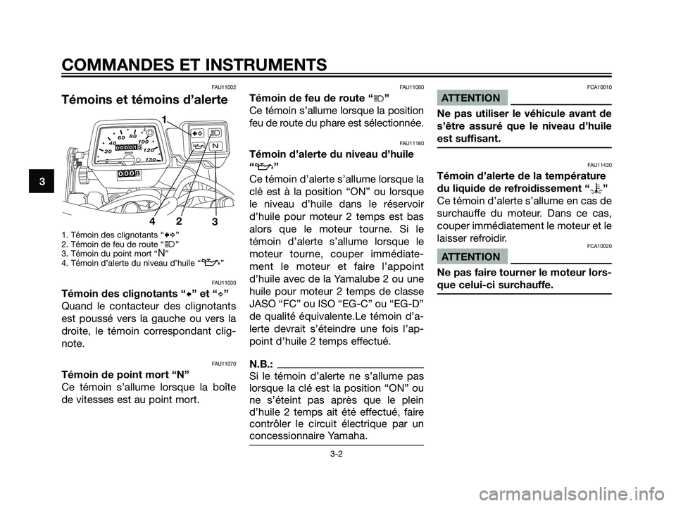 YAMAHA DT125R 2005 Notices Demploi (in French) FAU11002
Témoins et témoins d’alerte
1. Témoin des clignotants “b”
2. Témoin de feu de route “j”
3. Témoin du point mort “N”
4. Témoin d’alerte du niveau d’huile “z”
FAU110 YAMAHA DT125R 2005 Notices Demploi (in French) FAU11002
Témoins et témoins d’alerte
1. Témoin des clignotants “b”
2. Témoin de feu de route “j”
3. Témoin du point mort “N”
4. Témoin d’alerte du niveau d’huile “z”
FAU110