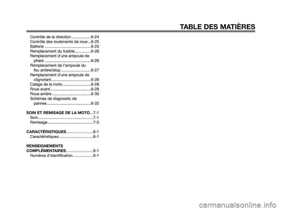 YAMAHA DT125R 2006 Notices Demploi (in French) Contrôle de la direction ..................6-24
Contrôle des roulements de roue ...6-25
Batterie ...........................................6-25
Remplacement du fusible ...............6-26
Remplacem YAMAHA DT125R 2006 Notices Demploi (in French) Contrôle de la direction ..................6-24
Contrôle des roulements de roue ...6-25
Batterie ...........................................6-25
Remplacement du fusible ...............6-26
Remplacem