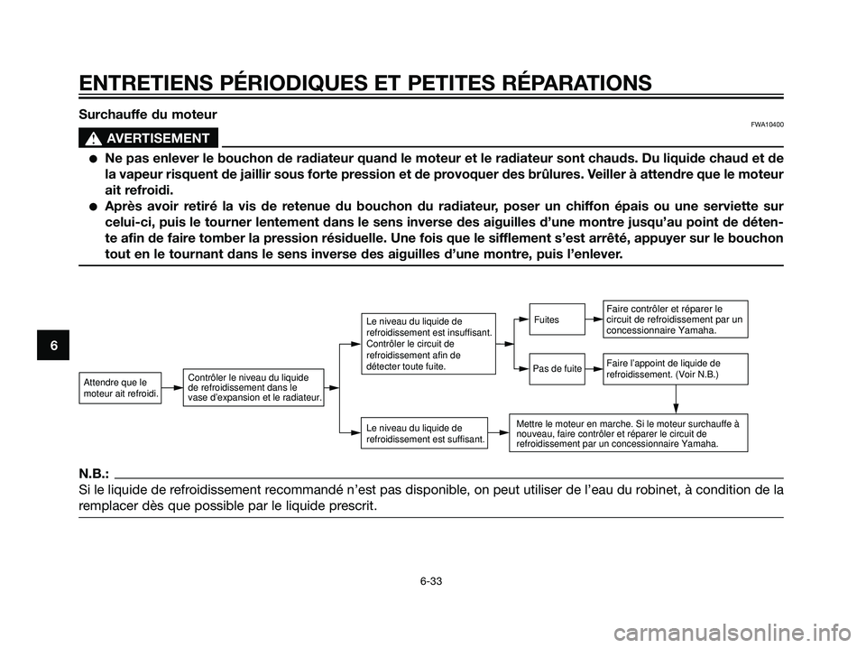 YAMAHA DT125R 2005  Notices Demploi (in French) N.B.:
Si le liquide de refroidissement recommandé n’est pas disponible, on peut utiliser de l’eau du robinet, à condition de la
remplacer dès que possible par le liquide prescrit.
ENTRETIENS P