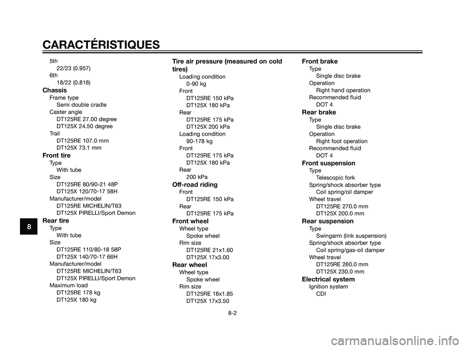 YAMAHA DT125R 2006  Notices Demploi (in French) 5th
22/23 (0.957)
6th
18/22 (0.818)
ChassisFrame type
Semi double cradle
Caster angle
DT125RE 27.00 degree
DT125X 24.50 degree
Trail
DT125RE 107.0 mm
DT125X 73.1 mm
Front tireType
With tube
Size
DT125