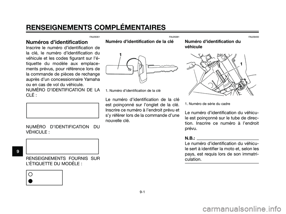 YAMAHA DT125R 2005 Notices Demploi (in French) FAU26351
Numéros d’identification
Inscrire le numéro d’identification de
la clé, le numéro d’identification du
véhicule et les codes figurant sur l’é-
tiquette du modèle aux emplace-
me YAMAHA DT125R 2005 Notices Demploi (in French) FAU26351
Numéros d’identification
Inscrire le numéro d’identification de
la clé, le numéro d’identification du
véhicule et les codes figurant sur l’é-
tiquette du modèle aux emplace-
me