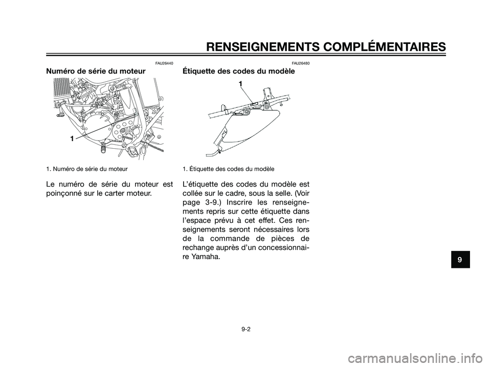 YAMAHA DT125R 2005 Notices Demploi (in French) FAU26440
Numéro de série du moteur
1. Numéro de série du moteur
Le numéro de série du moteur est
poinçonné sur le carter moteur.
FAU26480
Étiquette des codes du modèle
1. Étiquette des code YAMAHA DT125R 2005 Notices Demploi (in French) FAU26440
Numéro de série du moteur
1. Numéro de série du moteur
Le numéro de série du moteur est
poinçonné sur le carter moteur.
FAU26480
Étiquette des codes du modèle
1. Étiquette des code