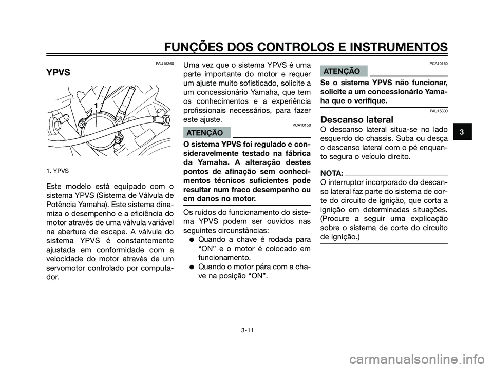 YAMAHA DT125R 2006 Manual de utilização (in Portuguese) PAU15260
YPVS
1. YPVS
Este modelo está equipado com o
sistema YPVS (Sistema de Válvula de
Potência Yamaha). Este sistema dina-
miza o desempenho e a eficiência do
motor através de uma válvula va YAMAHA DT125R 2006 Manual de utilização (in Portuguese) PAU15260
YPVS
1. YPVS
Este modelo está equipado com o
sistema YPVS (Sistema de Válvula de
Potência Yamaha). Este sistema dina-
miza o desempenho e a eficiência do
motor através de uma válvula va