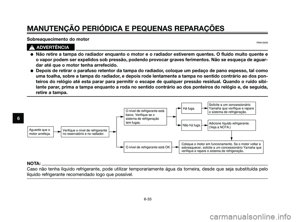 YAMAHA DT125R 2006  Manual de utilização (in Portuguese) NOTA:
Caso não tenha líquido refrigerante, pode utilizar temporariamente água da torneira, desde que seja substituída pelo
líquido refrigerante recomendado logo que possível.
MANUTENÇÃO PERIÓ