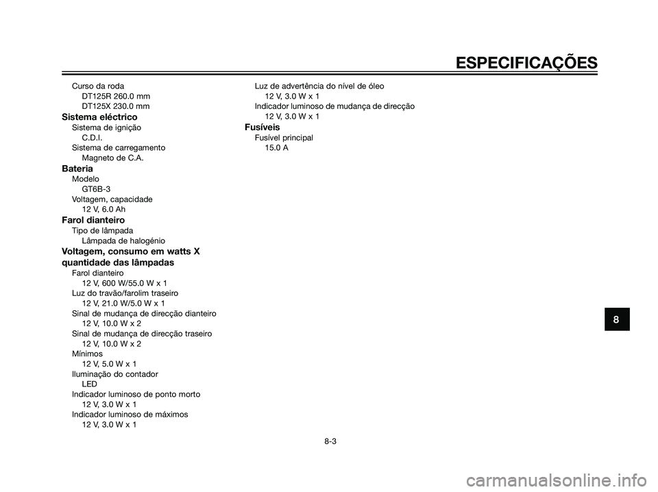 YAMAHA DT125R 2006 Manual de utilização (in Portuguese) Curso da roda
DT125R 260.0 mm
DT125X 230.0 mm
Sistema eléctricoSistema de ignição
C.D.I.
Sistema de carregamento
Magneto de C.A.
BateriaModelo
GT6B-3
Voltagem, capacidade
12 V, 6.0 Ah
Farol diantei YAMAHA DT125R 2006 Manual de utilização (in Portuguese) Curso da roda
DT125R 260.0 mm
DT125X 230.0 mm
Sistema eléctricoSistema de ignição
C.D.I.
Sistema de carregamento
Magneto de C.A.
BateriaModelo
GT6B-3
Voltagem, capacidade
12 V, 6.0 Ah
Farol diantei