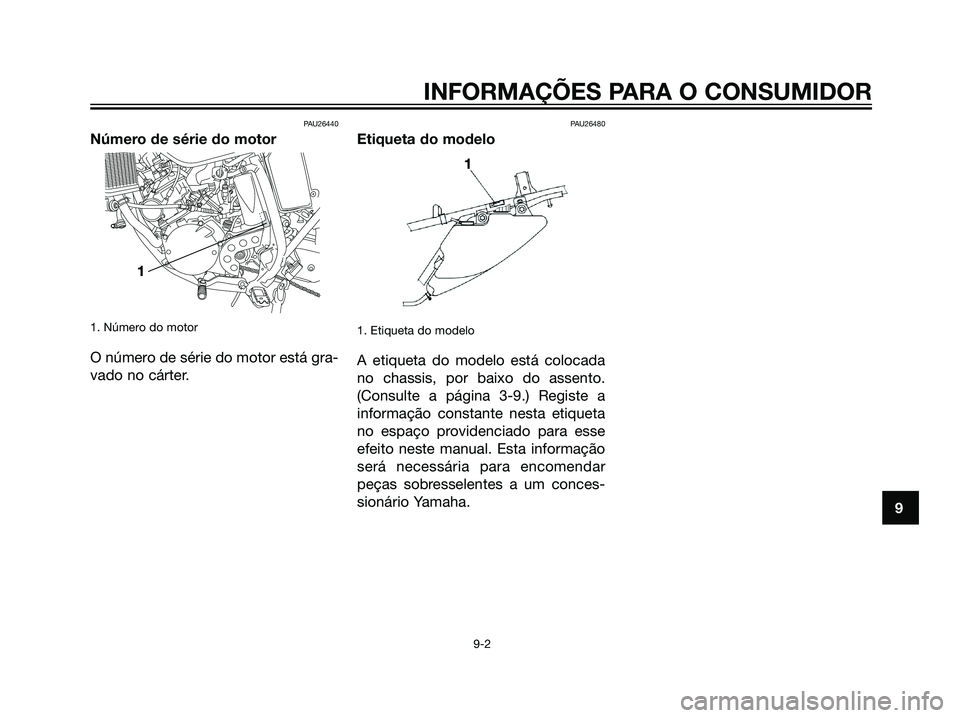 YAMAHA DT125R 2006 Manual de utilização (in Portuguese) PAU26440
Número de série do motor
1. Número do motor
O número de série do motor está gra-
vado no cárter.
PAU26480
Etiqueta do modelo
1. Etiqueta do modelo
A etiqueta do modelo está colocada
n YAMAHA DT125R 2006 Manual de utilização (in Portuguese) PAU26440
Número de série do motor
1. Número do motor
O número de série do motor está gra-
vado no cárter.
PAU26480
Etiqueta do modelo
1. Etiqueta do modelo
A etiqueta do modelo está colocada
n