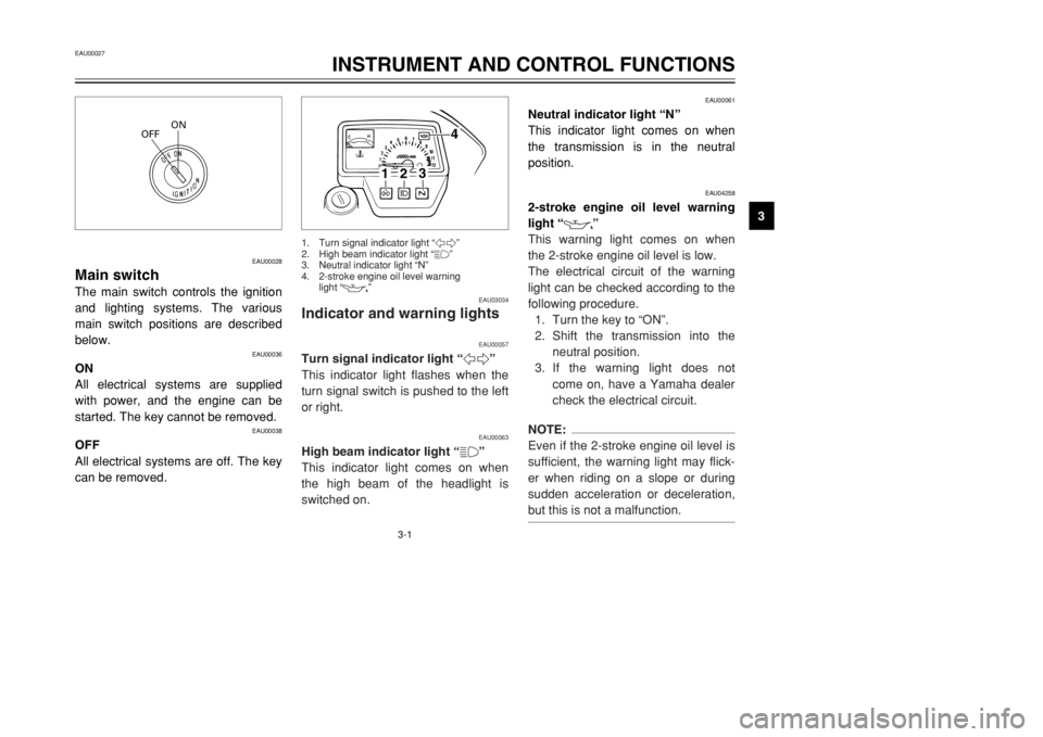 YAMAHA DT125R 2002 User Guide 3-1
EAU00027
INSTRUMENT AND CONTROL FUNCTIONS
3
EAU00028
Main switchThe main switch controls the ignition
and lighting systems. The various
main switch positions are described
below.
EAU00036
ON
All e