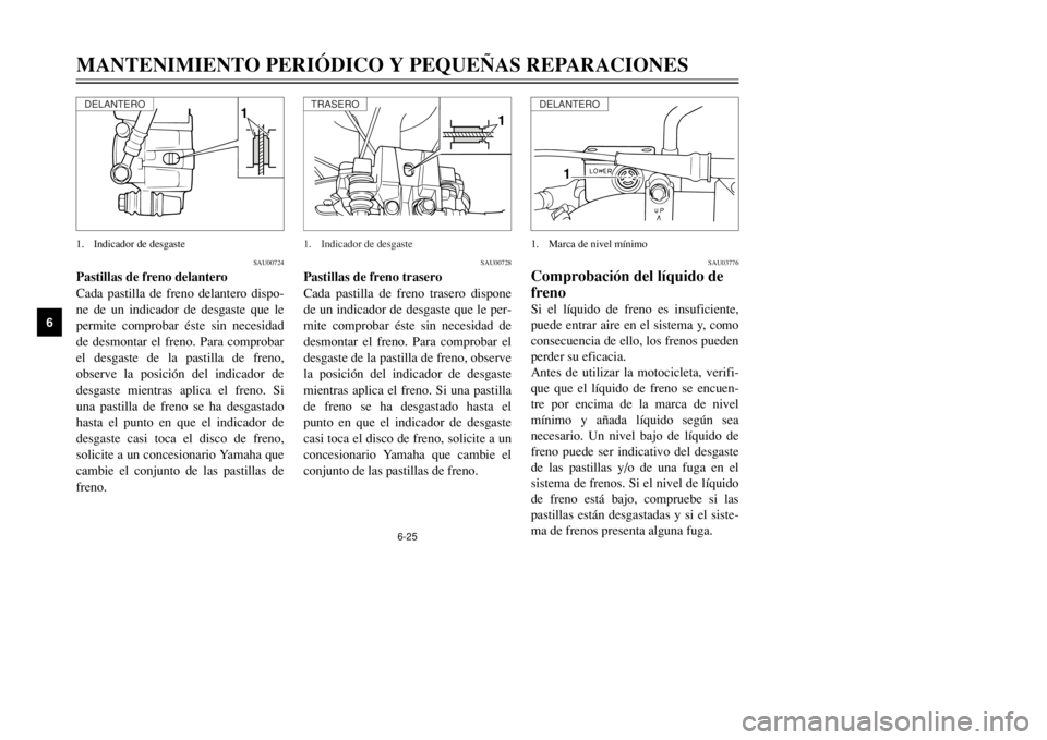 YAMAHA DT125R 2002  Manuale de Empleo (in Spanish) 6-25
MANTENIMIENTO PERIÓDICO Y PEQUEÑAS REPARACIONES
6
SAU00724
Pastillas de freno delantero
Cada pastilla de freno delantero dispo-
ne de un indicador de desgaste que le
permite comprobar éste sin