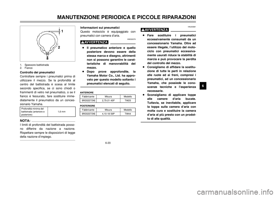 YAMAHA DT125R 2002  Manuale duso (in Italian) 6-20
MANUTENZIONE PERIODICA E PICCOLE RIPARAZIONI
6
Controllo dei pneumatici
Controllare sempre i pneumatici prima di
utilizzare il mezzo. Se la profondità al
centro del battistrada è scesa al limit