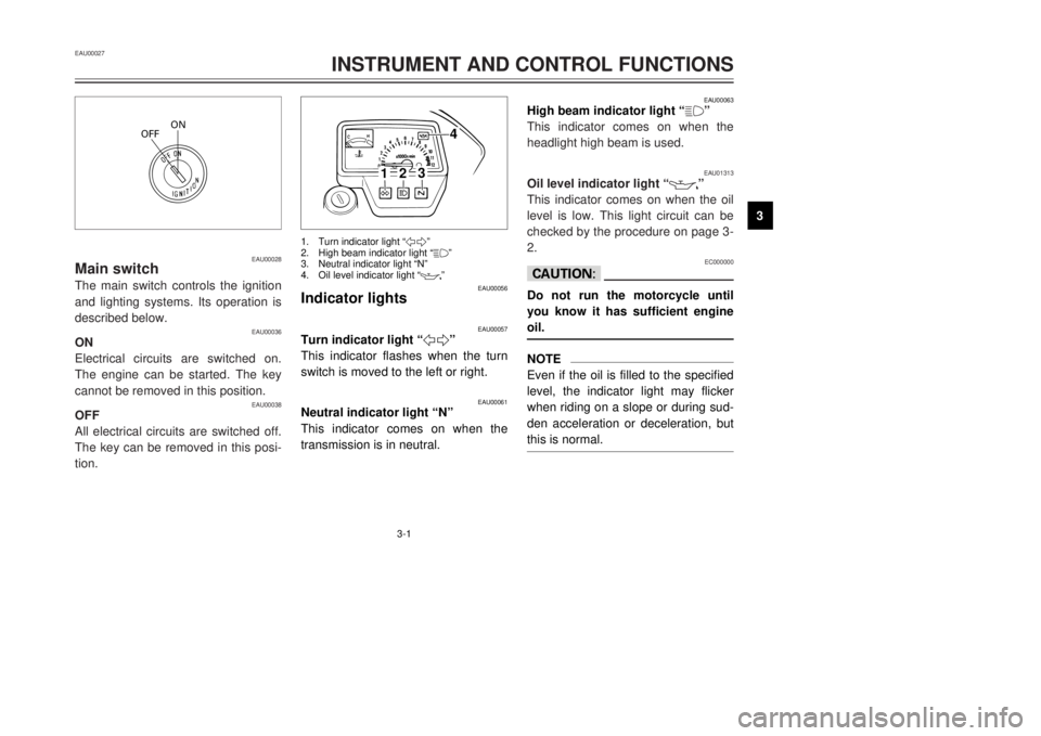 YAMAHA DT125R 2000 User Guide 3-1
ON
OFF
EAU00028
Main switchThe main switch controls the ignition
and lighting systems. Its operation is
described below.
EAU00036
ON
Electrical circuits are switched on.
The engine can be started.