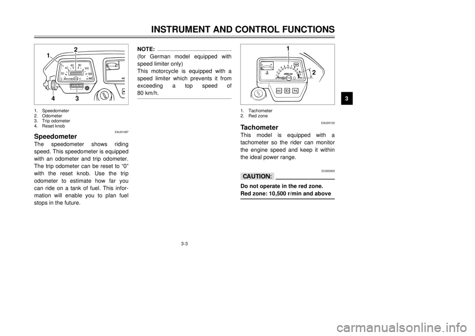 YAMAHA DT125R 2000  Owners Manual 3-3
INSTRUMENT AND CONTROL FUNCTIONS
1
23
4
5
6
7
8
9
1
2
1.Tachometer
2.Red zone
EAU00102
TachometerThis model is equipped with a
tachometer so the rider can monitor
the engine speed and keep it with
