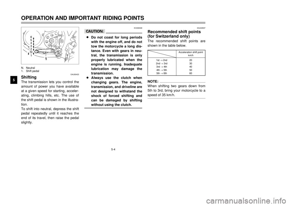 YAMAHA DT125R 2000  Owners Manual 5-4
OPERATION AND IMPORTANT RIDING POINTS
1
2
3
45
6
7
8
9
EAU00423
ShiftingThe transmission lets you control the
amount of power you have available
at a given speed for starting, acceler-
ating, clim