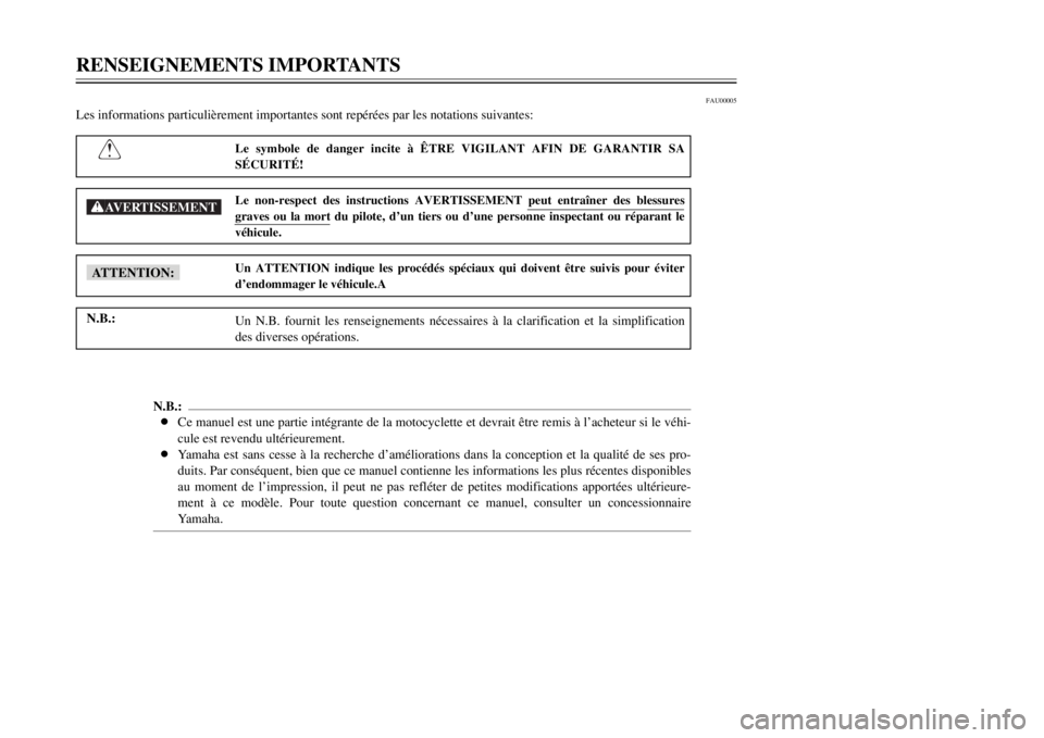 YAMAHA DT125R 2000  Notices Demploi (in French) 1
2
3
4
5
6
7
8
9
RENSEIGNEMENTS IMPORTANTS
1
2
3
4
5
6
7
8
9
FAU00005

Le symbole de danger incite ˆ æTRE VIGILANT AFIN DE GARANTIR SA
SƒCURITƒ!Le non-respect des instructions AVERTISSEMENT peut 