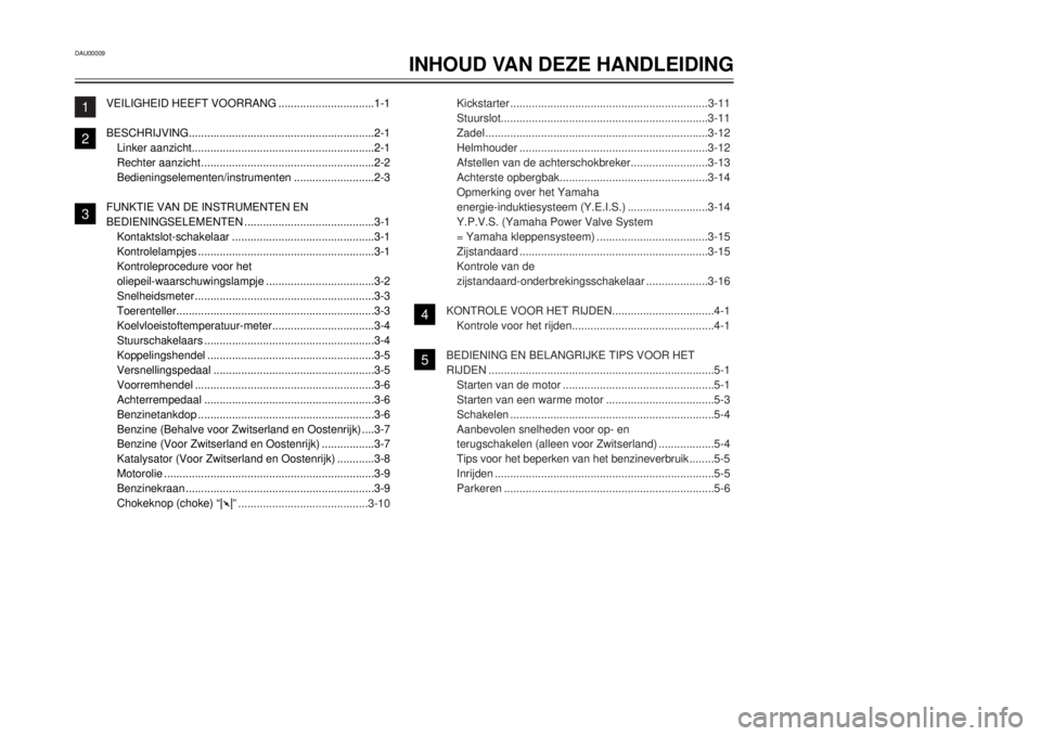 YAMAHA DT125R 2000  Instructieboekje (in Dutch) DAU00009
INHOUD VAN DEZE HANDLEIDING
1
2
3
4
5
6
7
8
9
VEILIGHEID HEEFT VOORRANG...............................1-1
BESCHRIJVING............................................................2-1
Linker aa