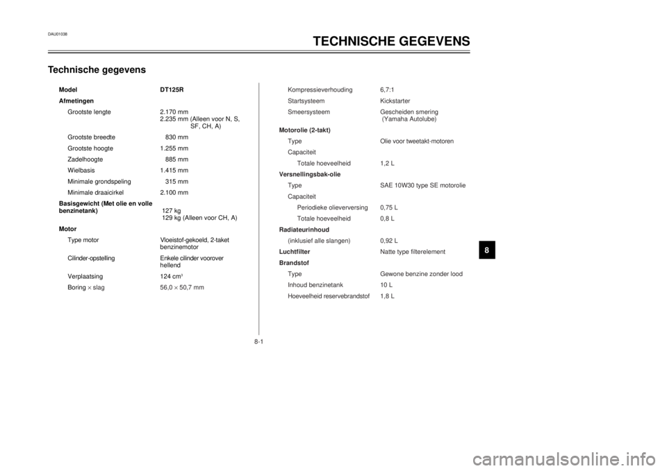 YAMAHA DT125R 2000  Instructieboekje (in Dutch) 8-1
1
2
3
4
5
6
78
9
DAU01038
TECHNISCHE GEGEVENS
Technische gegevens
Model DT125R
Afmetingen
Grootste lengte 2.170 mm
2.235 mm (Alleen voor N, S,
SF, CH, A)
Grootste breedte 830 mm
Grootste hoogte 1.