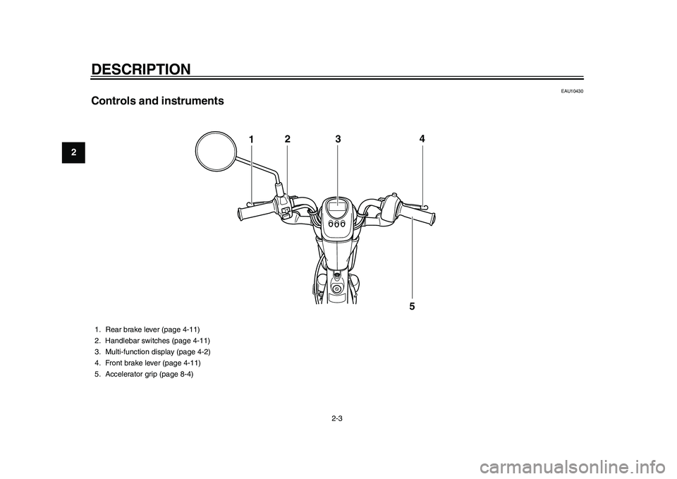 YAMAHA EC-03 2011 User Guide DESCRIPTION
2-3
12
3
4
5
6
7
8
9
EAU10430
Controls and instruments
124
5
3
1. Rear brake lever (page 4-11)
2. Handlebar switches (page 4-11)
3. Multi-function display (page 4-2)
4. Front brake lever (