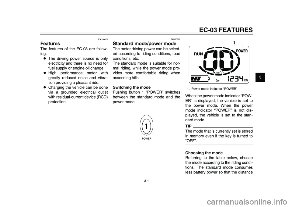 YAMAHA EC-03 2011 User Guide 3-1
234
5
6
7
8
9
EC-03 FEATURES
EAU50470
Features The features of the EC-03 are follow-
ing:
The driving power source is only
electricity and there is no need for
fuel supply or engine oil change.