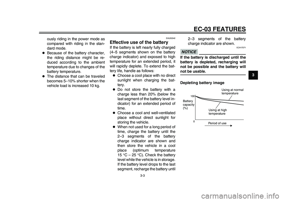 YAMAHA EC-03 2011 Owners Manual EC-03 FEATURES
3-3
234
5
6
7
8
9 ously riding in the power mode as
compared with riding in the stan-
dard mode.
Because of the battery character,
the riding distance might be re-
duced according t YAMAHA EC-03 2011 Owners Manual EC-03 FEATURES
3-3
234
5
6
7
8
9 ously riding in the power mode as
compared with riding in the stan-
dard mode.
Because of the battery character,
the riding distance might be re-
duced according t