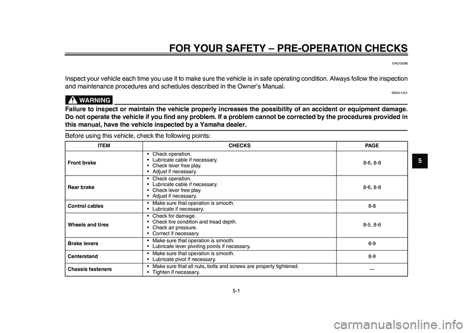 YAMAHA EC-03 2011 Owners Guide 5-1
2
3
456
7
8
9
FOR YOUR SAFETY – PRE-OPERATION CHECKS
EAU15596
Inspect your vehicle each time you use it to make sure the vehicle is in safe operating condition. Always follow the inspection
and 