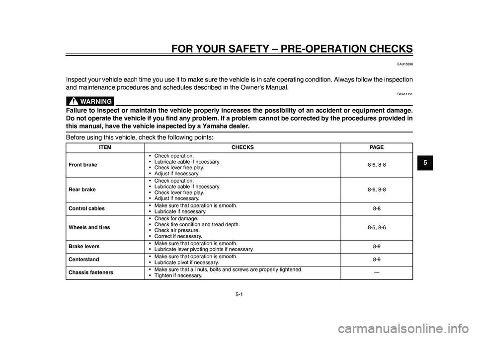 YAMAHA EC-03 2011 Owners Guide 5-1
2
3
456
7
8
9
FOR YOUR SAFETY – PRE-OPERATION CHECKS
EAU15596
Inspect your vehicle each time you use it to make sure the vehicle is in safe operating condition. Always follow the inspection
and YAMAHA EC-03 2011 Owners Guide 5-1
2
3
456
7
8
9
FOR YOUR SAFETY – PRE-OPERATION CHECKS
EAU15596
Inspect your vehicle each time you use it to make sure the vehicle is in safe operating condition. Always follow the inspection
and