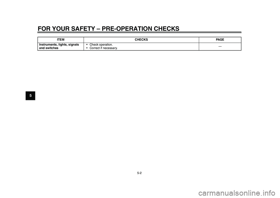 YAMAHA EC-03 2011 Owners Guide FOR YOUR SAFETY – PRE-OPERATION CHECKS
5-2
1
2
3
45
6
7
8
9
Instruments, lights, signals 
and switches• Check operation.
• Correct if necessary.— ITEM CHECKS PAGE
1CB-9-E0.book  2 ページ  �