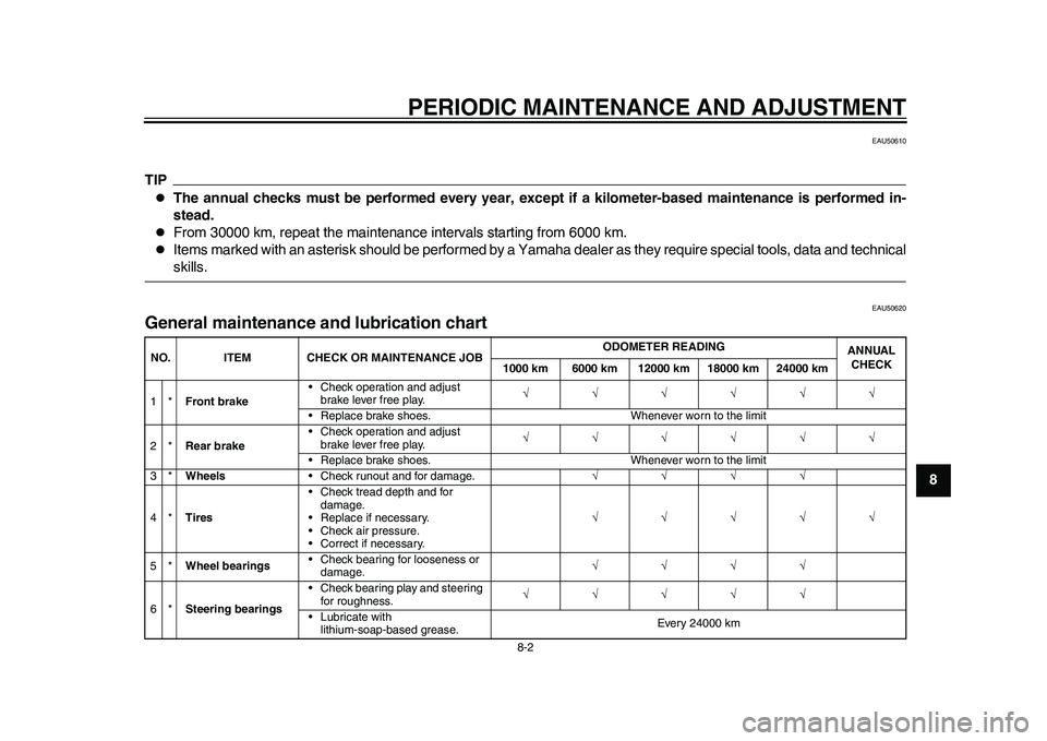 YAMAHA EC-03 2011 Workshop Manual PERIODIC MAINTENANCE AND ADJUSTMENT
8-2
2
3
4
5
6
789
EAU50610
TIP
The annual checks must be performed every year, except if a kilometer-based maintenance is performed in-
stead.
From 30000 km, YAMAHA EC-03 2011 Workshop Manual PERIODIC MAINTENANCE AND ADJUSTMENT
8-2
2
3
4
5
6
789
EAU50610
TIP
The annual checks must be performed every year, except if a kilometer-based maintenance is performed in-
stead.
From 30000 km,