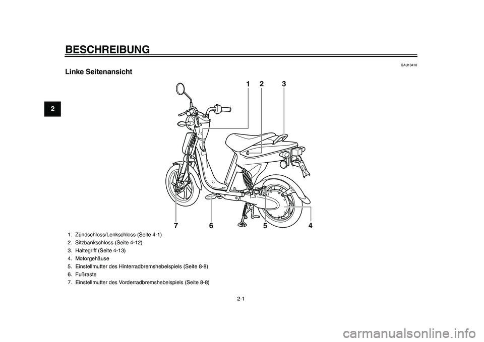 YAMAHA EC-03 2011 Betriebsanleitungen (in German) 2-1
12
BESCHREIBUNG
GAU10410
Linke Seitenansicht
12
54 73
6
1. Zündschloss/Lenkschloss (Seite 4-1)
2. Sitzbankschloss (Seite 4-12)
3. Haltegriff (Seite 4-13)
4. Motorgehäuse
5. Einstellmutter des H YAMAHA EC-03 2011 Betriebsanleitungen (in German) 2-1
12
BESCHREIBUNG
GAU10410
Linke Seitenansicht
12
54 73
6
1. Zündschloss/Lenkschloss (Seite 4-1)
2. Sitzbankschloss (Seite 4-12)
3. Haltegriff (Seite 4-13)
4. Motorgehäuse
5. Einstellmutter des H