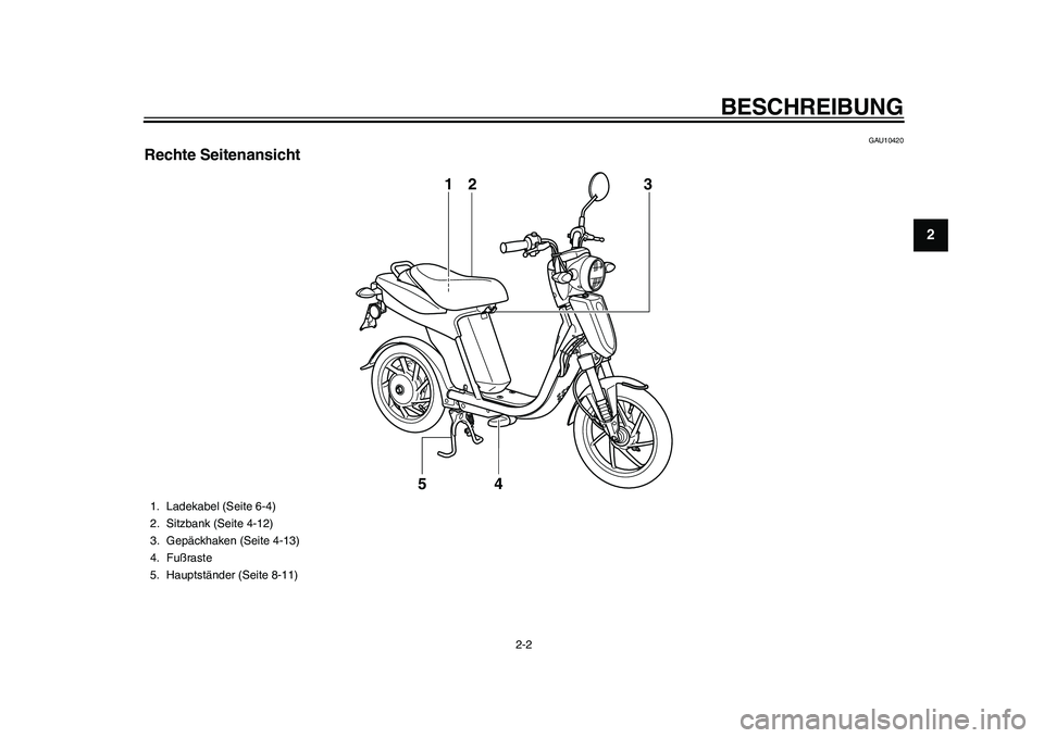 YAMAHA EC-03 2011 Betriebsanleitungen (in German) BESCHREIBUNG
2-2
23
4
5
6
7
8
9
GAU10420
Rechte Seitenansicht
13
4 2
5
1. Ladekabel (Seite 6-4)
2. Sitzbank (Seite 4-12)
3. Gepäckhaken (Seite 4-13)
4. Fußraste
5. Hauptständer (Seite 8-11)
1CB-281 YAMAHA EC-03 2011 Betriebsanleitungen (in German) BESCHREIBUNG
2-2
23
4
5
6
7
8
9
GAU10420
Rechte Seitenansicht
13
4 2
5
1. Ladekabel (Seite 6-4)
2. Sitzbank (Seite 4-12)
3. Gepäckhaken (Seite 4-13)
4. Fußraste
5. Hauptständer (Seite 8-11)
1CB-281