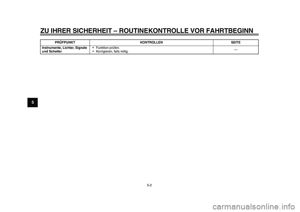 YAMAHA EC-03 2011 Betriebsanleitungen (in German) ZU IHRER SICHERHEIT – ROUTINEKONTROLLE VOR FAHRTBEGINN
5-2
1
2
3
45
6
7
8
9
Instrumente, Lichter, Signale
und Schalter• Funktion prüfen.
• Korrigieren, falls nötig.— PRÜFPUNKT KONTROLLEN S YAMAHA EC-03 2011 Betriebsanleitungen (in German) ZU IHRER SICHERHEIT – ROUTINEKONTROLLE VOR FAHRTBEGINN
5-2
1
2
3
45
6
7
8
9
Instrumente, Lichter, Signale
und Schalter• Funktion prüfen.
• Korrigieren, falls nötig.— PRÜFPUNKT KONTROLLEN S