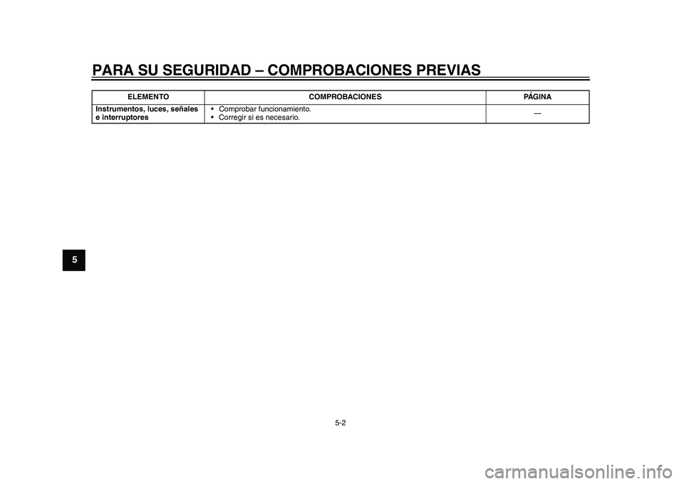 YAMAHA EC-03 2011 Manuale de Empleo (in Spanish) PARA SU SEGURIDAD – COMPROBACIONES PREVIAS
5-2
1
2
3
45
6
7
8
9
Instrumentos, luces, señales
e interruptores• Comprobar funcionamiento.
• Corregir si es necesario.— ELEMENTO COMPROBACIONES P YAMAHA EC-03 2011 Manuale de Empleo (in Spanish) PARA SU SEGURIDAD – COMPROBACIONES PREVIAS
5-2
1
2
3
45
6
7
8
9
Instrumentos, luces, señales
e interruptores• Comprobar funcionamiento.
• Corregir si es necesario.— ELEMENTO COMPROBACIONES P