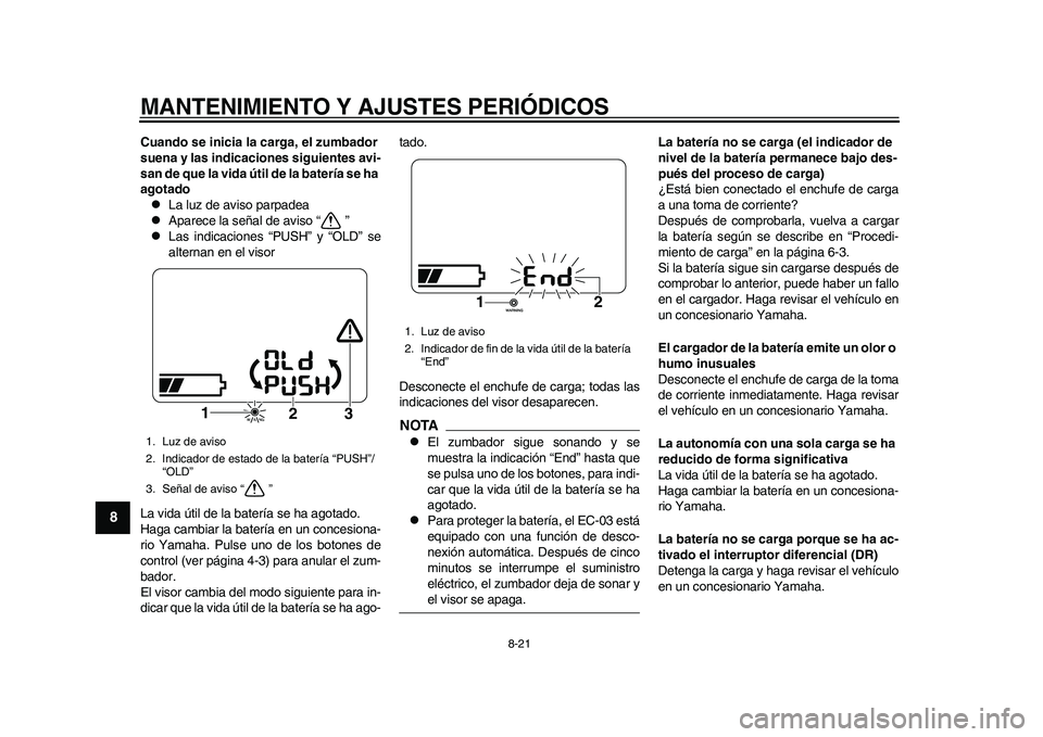 YAMAHA EC-03 2011 Manuale de Empleo (in Spanish) MANTENIMIENTO Y AJUSTES PERIÓDICOS
8-21
1
2
3
4
5
6
78
9
Cuando se inicia la carga, el zumbador
suena y las indicaciones siguientes avi-
san de que la vida útil de la batería se ha
agotado
La YAMAHA EC-03 2011 Manuale de Empleo (in Spanish) MANTENIMIENTO Y AJUSTES PERIÓDICOS
8-21
1
2
3
4
5
6
78
9
Cuando se inicia la carga, el zumbador
suena y las indicaciones siguientes avi-
san de que la vida útil de la batería se ha
agotado
La