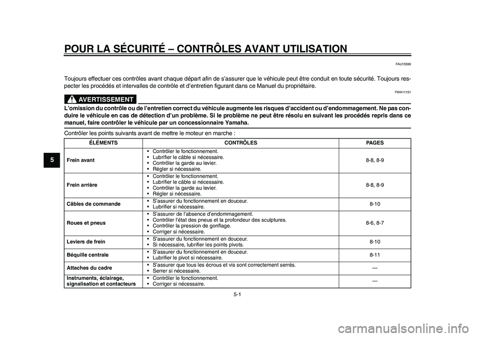 YAMAHA EC-03 2011 Notices Demploi (in French) 5-1
1
2
3
45
6
7
8
9
POUR LA SÉCURITÉ – CONTRÔLES AVANT UTILISATION
FAU15596
Toujours effectuer ces contrôles avant chaque départ afin de s’assurer que le véhicule peut être conduit en tout YAMAHA EC-03 2011 Notices Demploi (in French) 5-1
1
2
3
45
6
7
8
9
POUR LA SÉCURITÉ – CONTRÔLES AVANT UTILISATION
FAU15596
Toujours effectuer ces contrôles avant chaque départ afin de s’assurer que le véhicule peut être conduit en tout