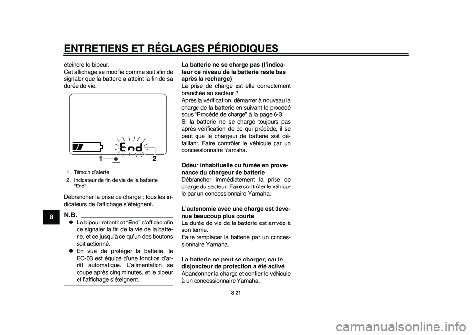 YAMAHA EC-03 2011 Notices Demploi (in French) ENTRETIENS ET RÉGLAGES PÉRIODIQUES
8-21
1
2
3
4
5
6
78
9
éteindre le bipeur.
Cet affichage se modifie comme suit afin de
signaler que la batterie a atteint la fin de sa
durée de vie.
Débrancher l YAMAHA EC-03 2011 Notices Demploi (in French) ENTRETIENS ET RÉGLAGES PÉRIODIQUES
8-21
1
2
3
4
5
6
78
9
éteindre le bipeur.
Cet affichage se modifie comme suit afin de
signaler que la batterie a atteint la fin de sa
durée de vie.
Débrancher l