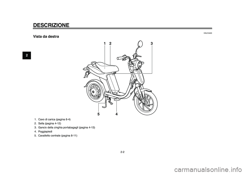 YAMAHA EC-03 2011 Manuale duso (in Italian) DESCRIZIONE
2-2
12
3
4
5
6
7
8
9
HAU10420
Vista da destra
13
4 2
5
1. Cavo di carica (pagina 6-4)
2. Sella (pagina 4-12)
3. Gancio della cinghia portabagagli (pagina 4-13)
4. Poggiapiedi
5. Cavalletto YAMAHA EC-03 2011 Manuale duso (in Italian) DESCRIZIONE
2-2
12
3
4
5
6
7
8
9
HAU10420
Vista da destra
13
4 2
5
1. Cavo di carica (pagina 6-4)
2. Sella (pagina 4-12)
3. Gancio della cinghia portabagagli (pagina 4-13)
4. Poggiapiedi
5. Cavalletto